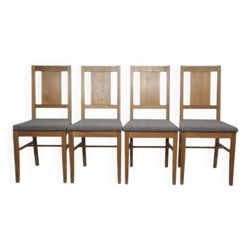 4 chaises brutalistes en chêne et tissu à carreaux, Danemark, années 1960