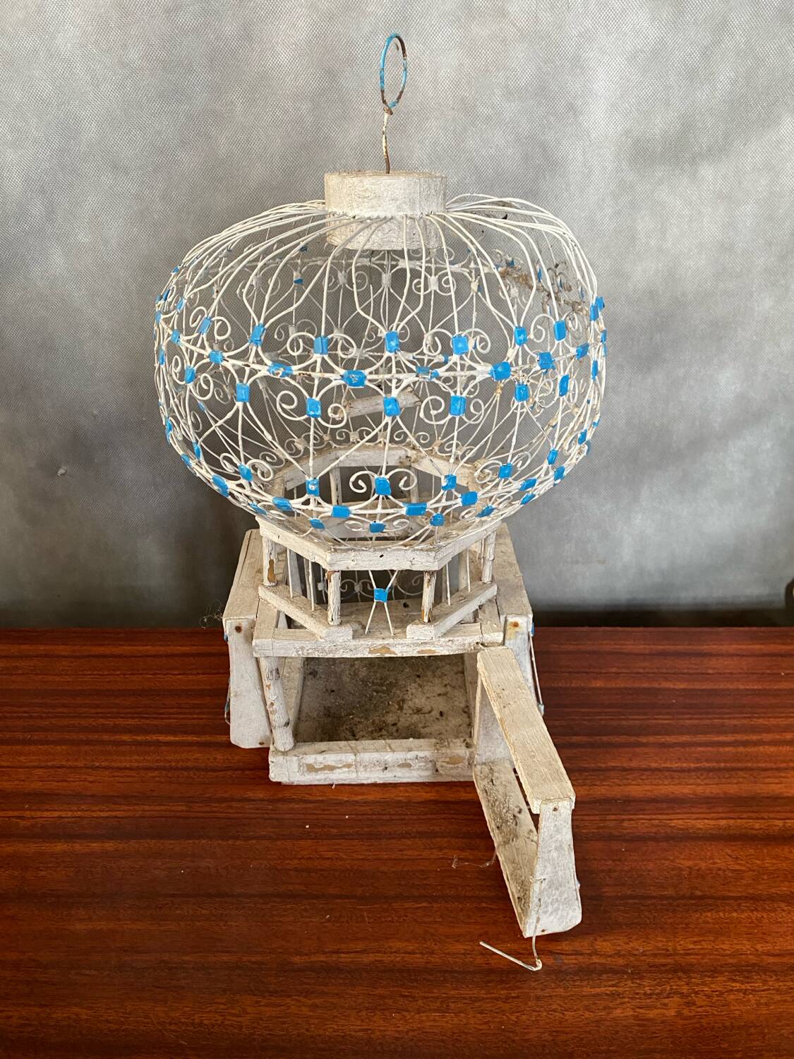 Old Bird Cage Hot Air Balloon Wood + Metal White Blue Vintage Deco