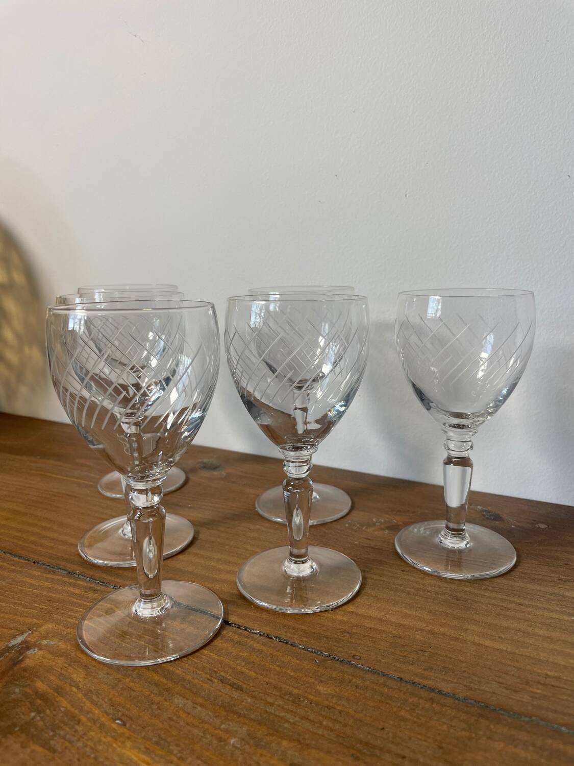6 engraved crystal wine glasses with stems