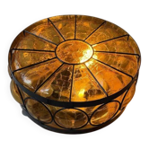 Lampe de plafond vintage en verre craquelé ambre des années 1970