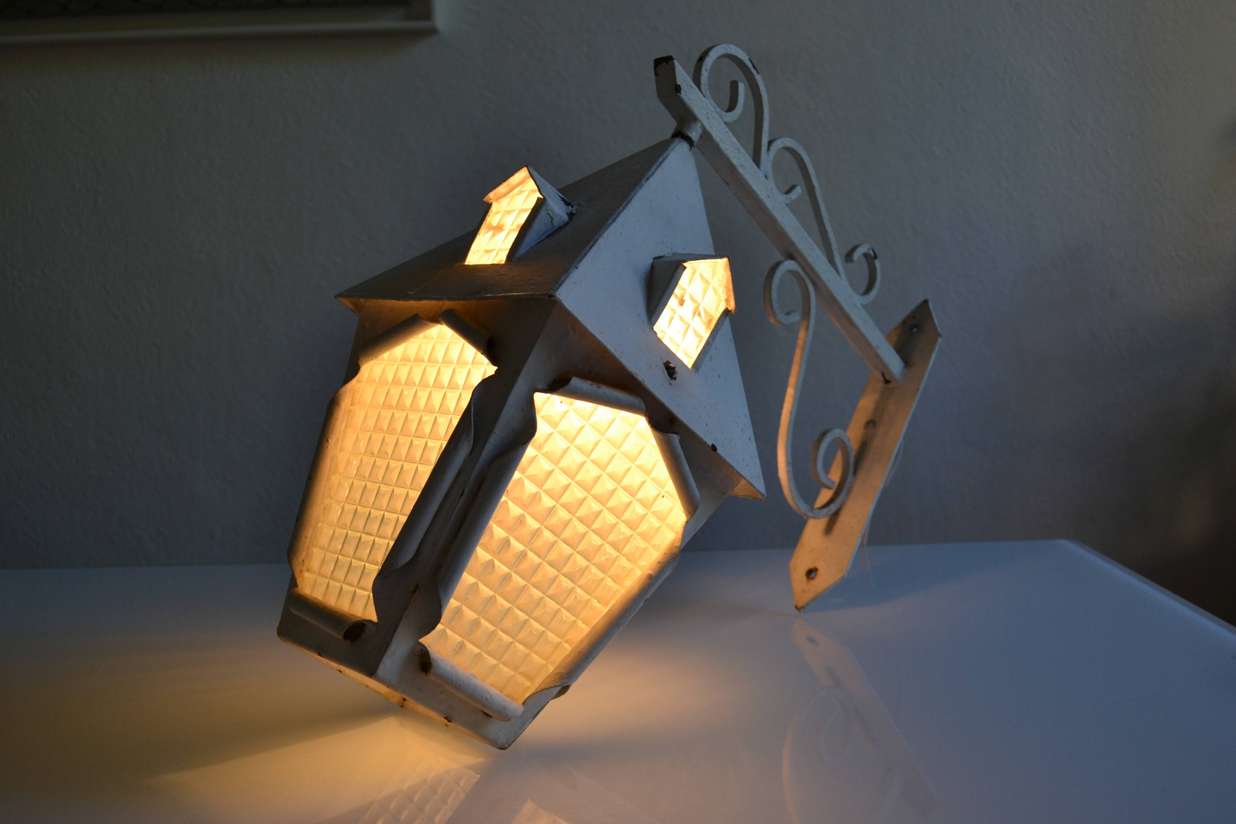 Vintage 1950 wall lamp lantern in wrought iron and glass
