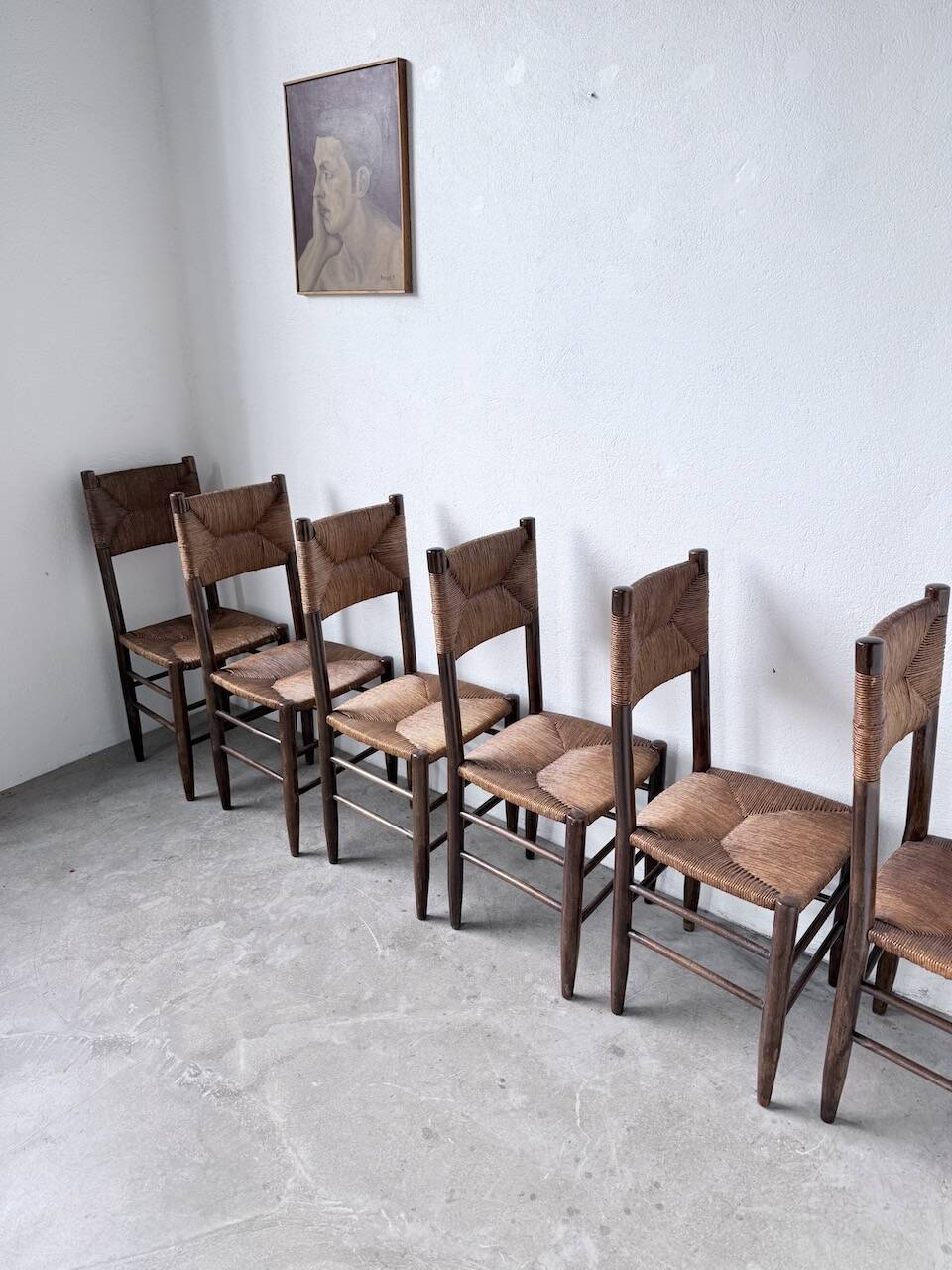 Set of 6 straw and oak Beauche chairs.