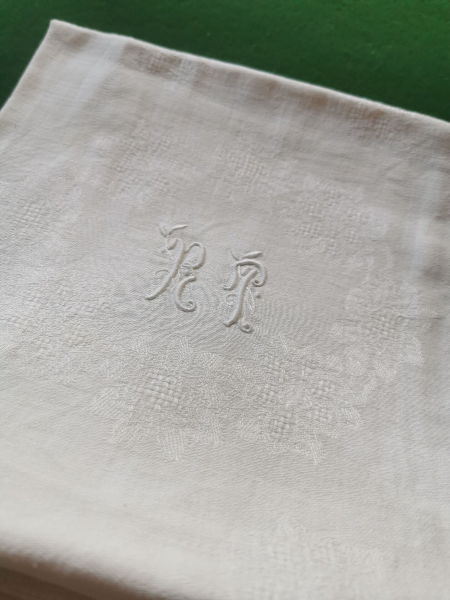 10 old damask linen napkins with monogram
