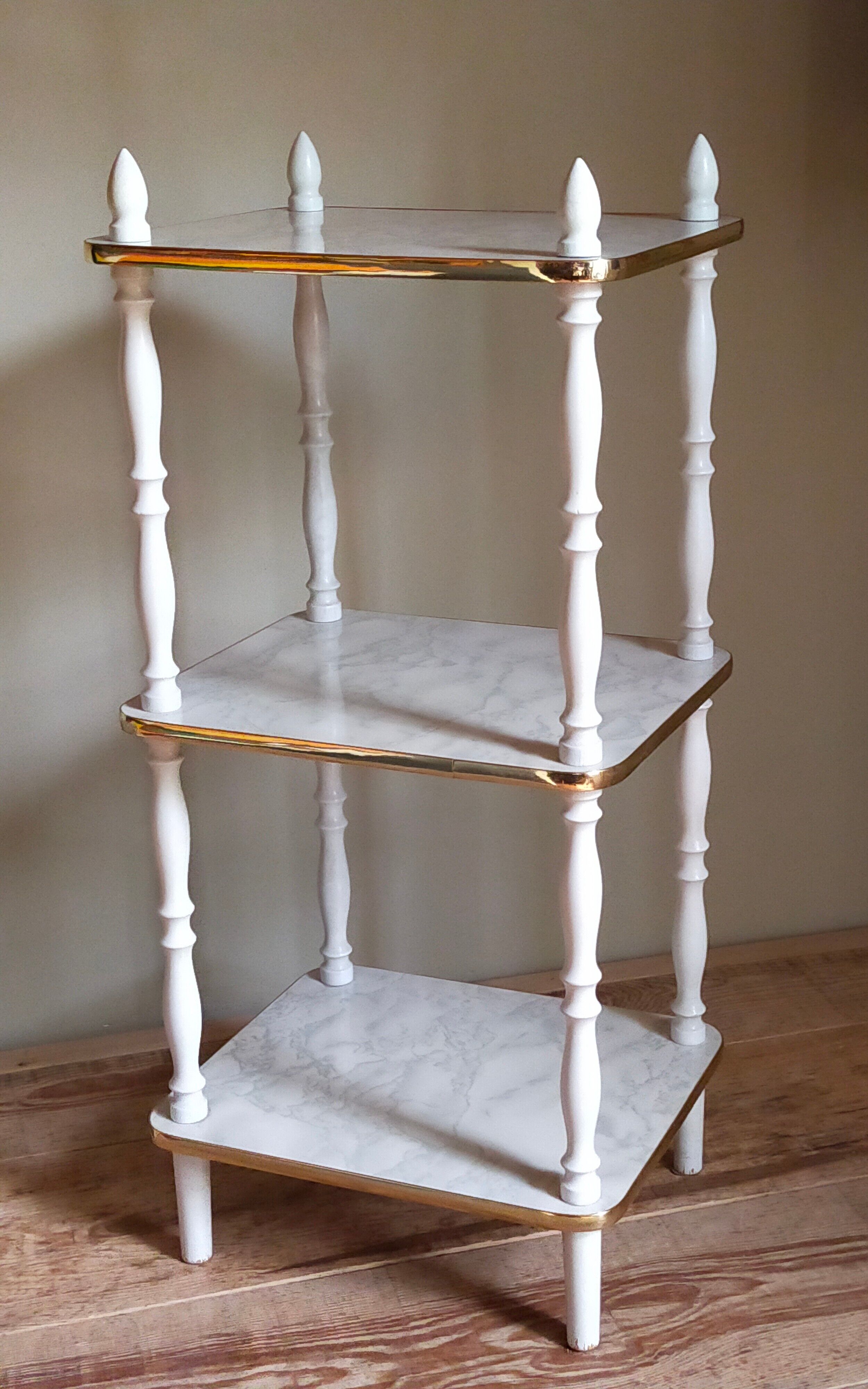 Solid turned wood and formica faux marble shelf to install wood 60s