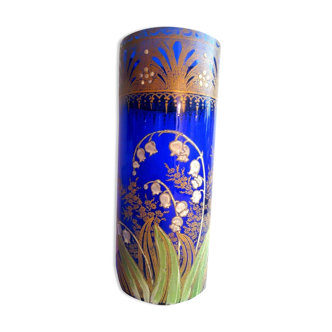 Lily-of-the-valley roll vase, Legras enamelled blue glass and gold screen printed