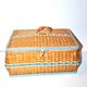 Book basket - vintage stitch box in woven rattan and blue scoubidou 1960 worker