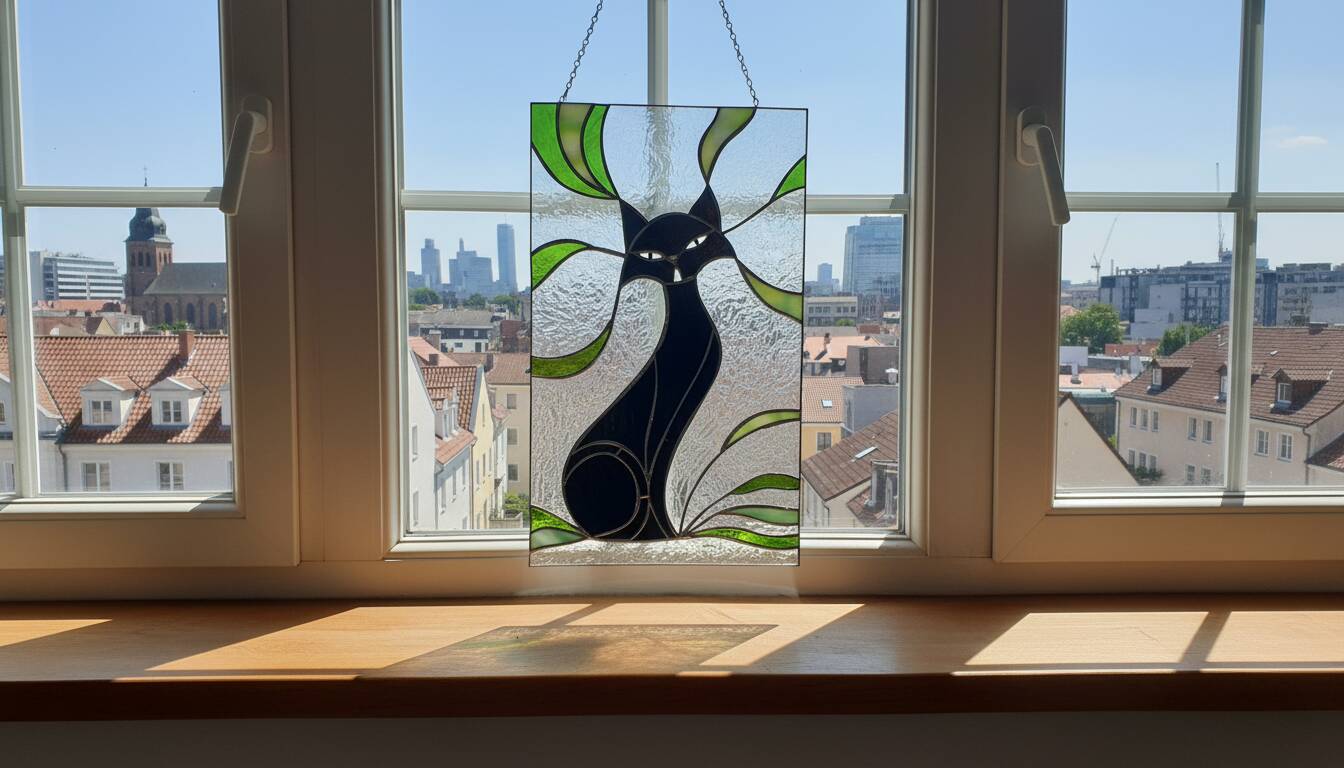 Vitrail chat – Style Tiffany fait main, panneau décoratif mural