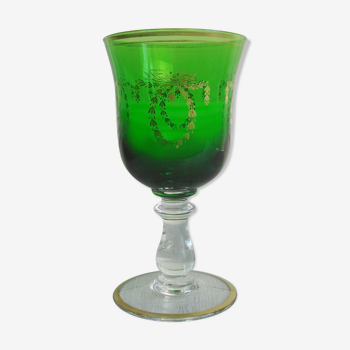 Vintage green glass cup with Louis XVI style golden ribbon patterns