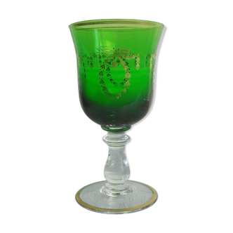 Vintage green glass cup with Louis XVI style golden ribbon patterns