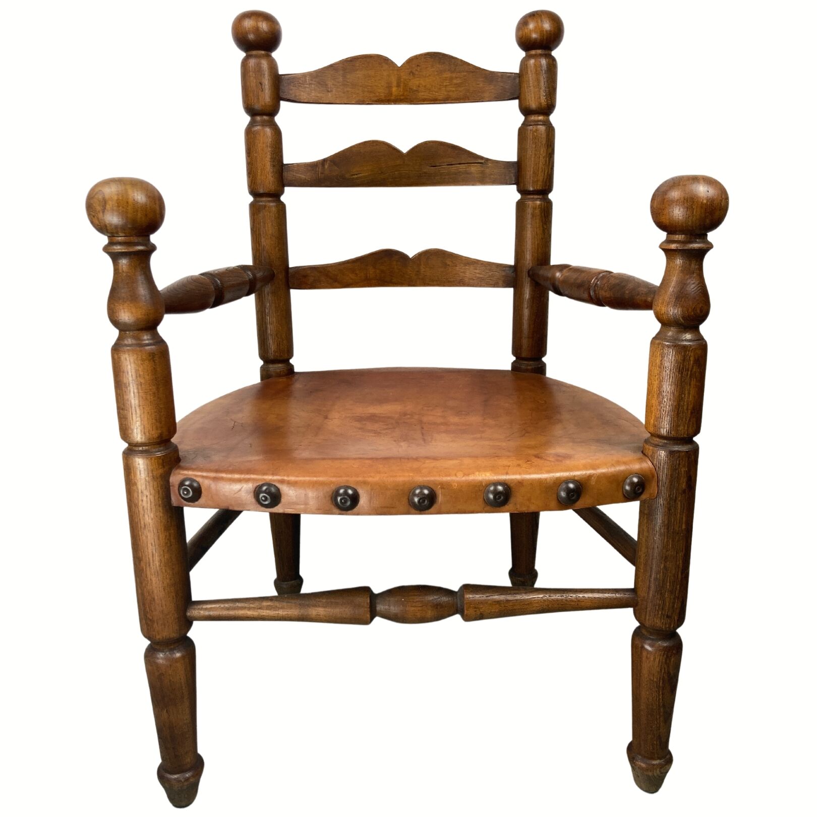Rustic french farm chair, leather seat ca 1930s-1950s