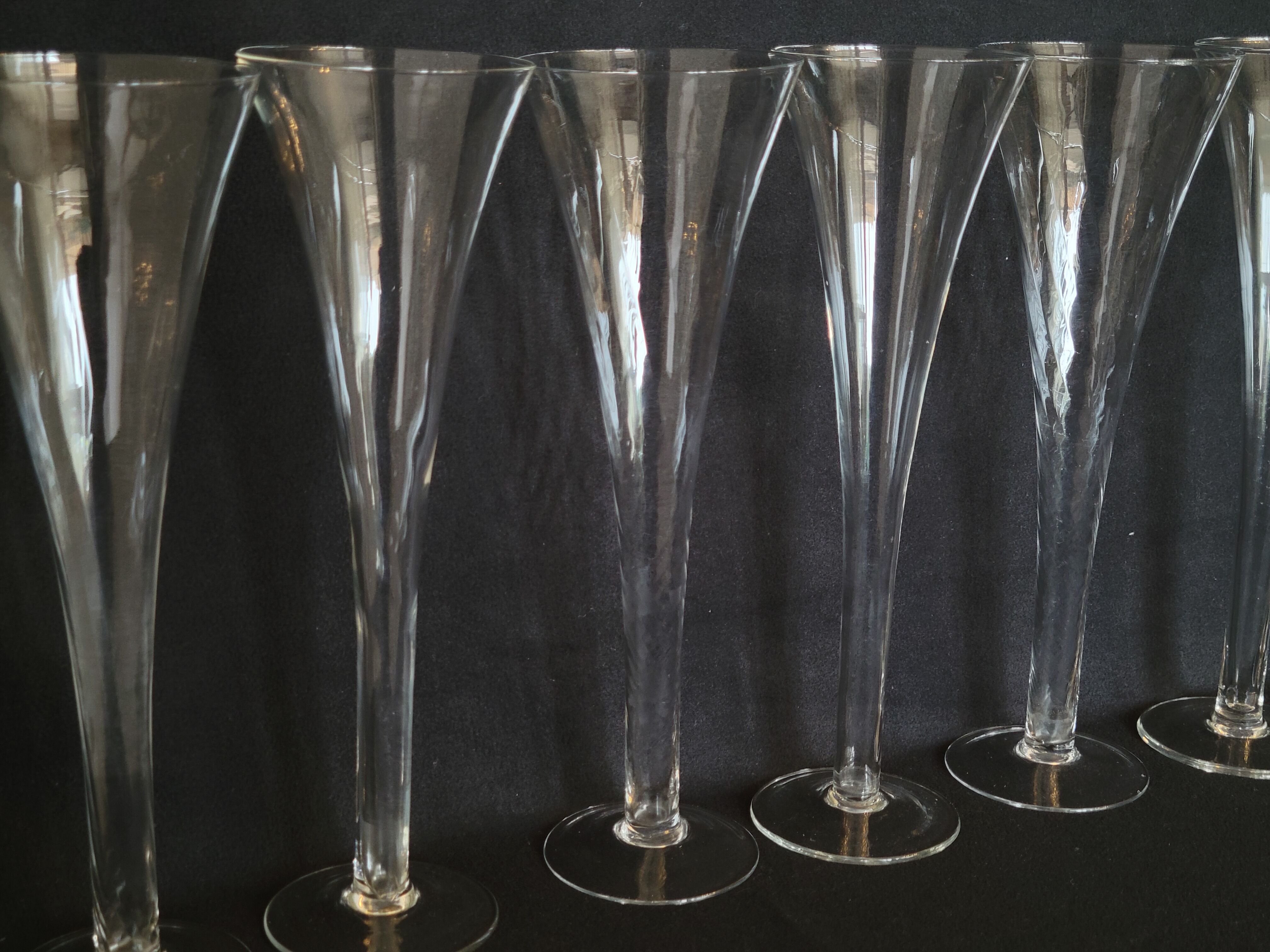 8 old champagne flutes evased blown glass model impossible