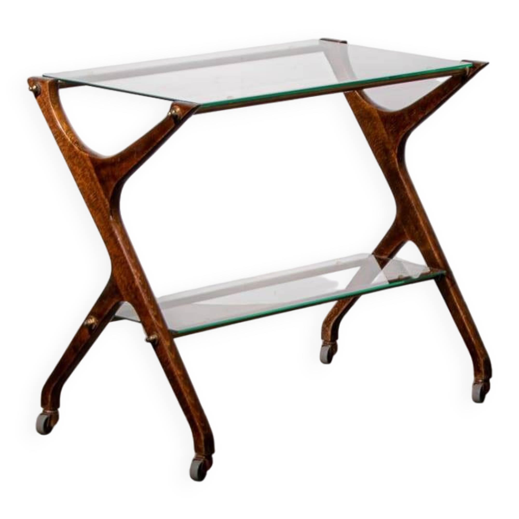 Desserte en chêne, laiton et verre. Vers 1970.