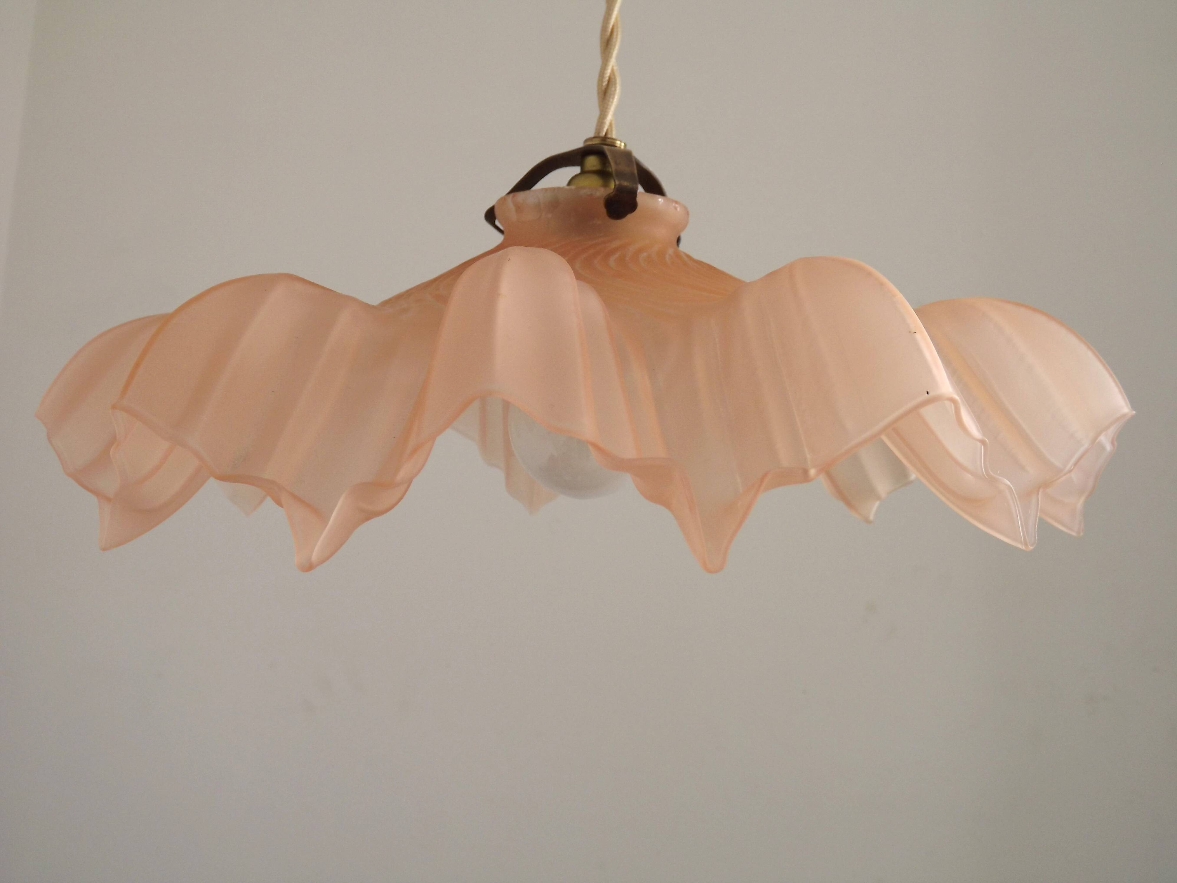 French Vintage 1930s Pink Frilled Glass Shade Hanging Light Brass Fittings