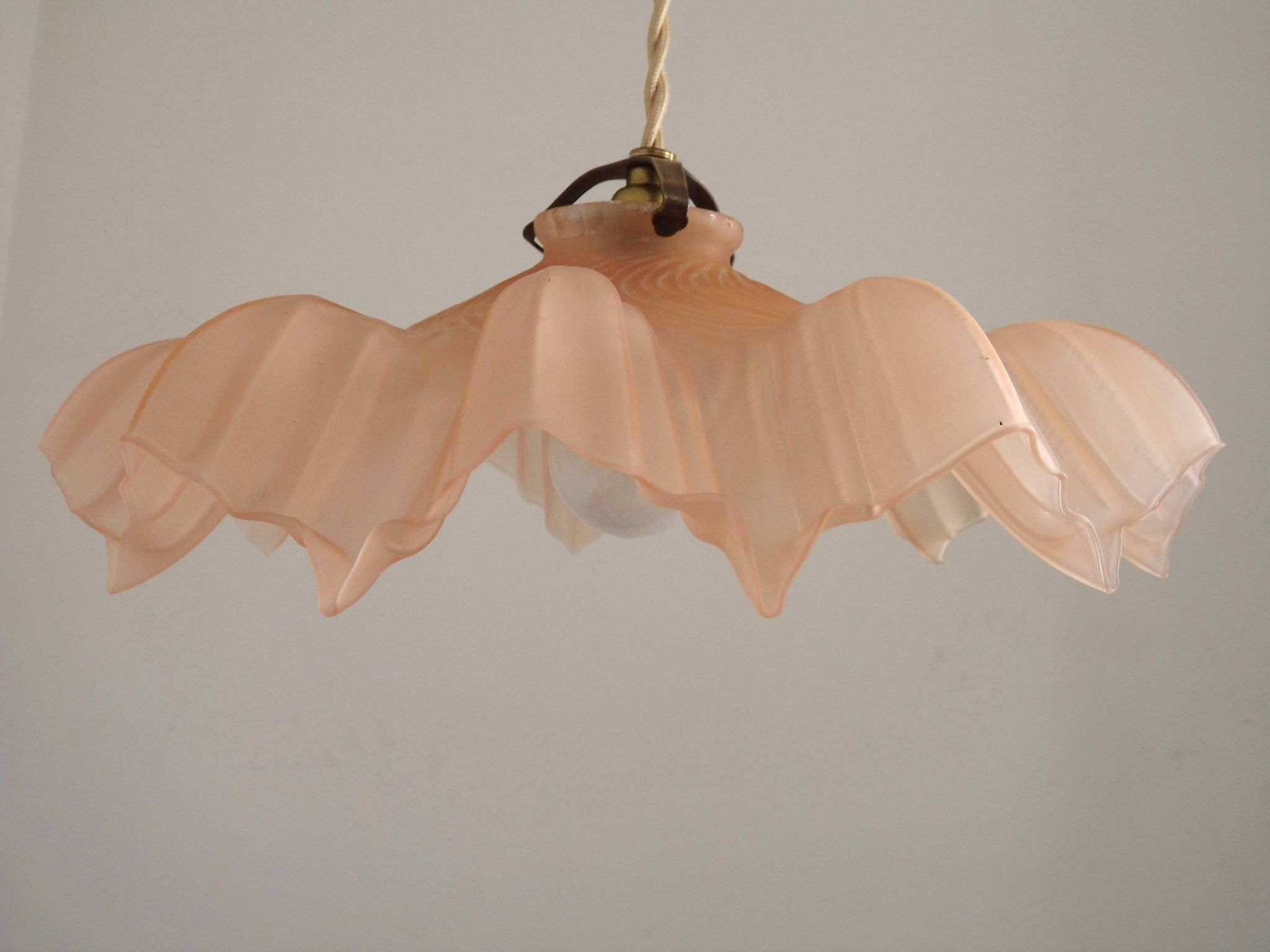 French Vintage 1930s Pink Frilled Glass Shade Hanging Light Brass Fittings