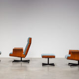 Pair of modernist teak lounge chairs and poufs 1960