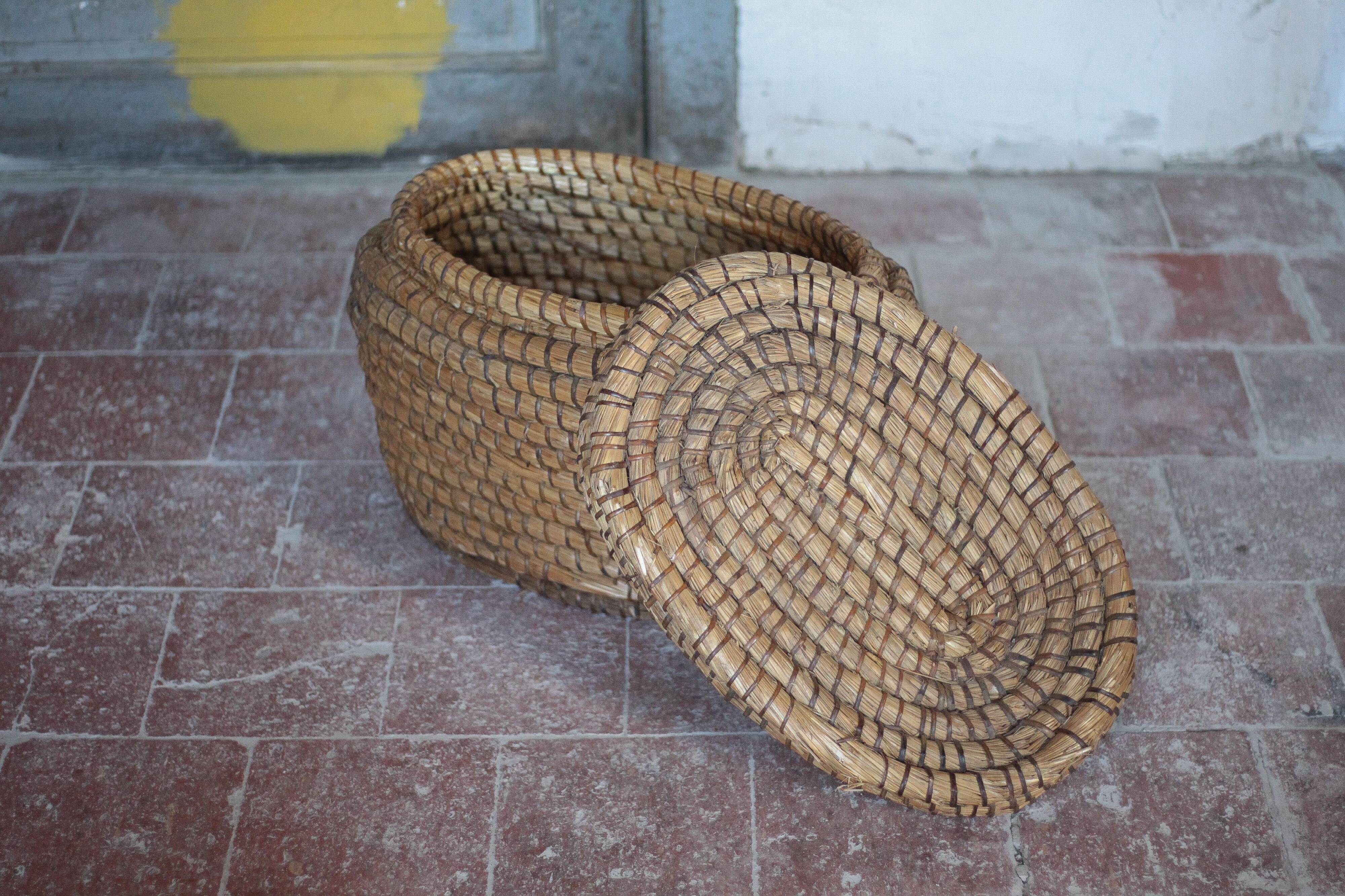 Antique basket, straw and bramble, woven basket with lid