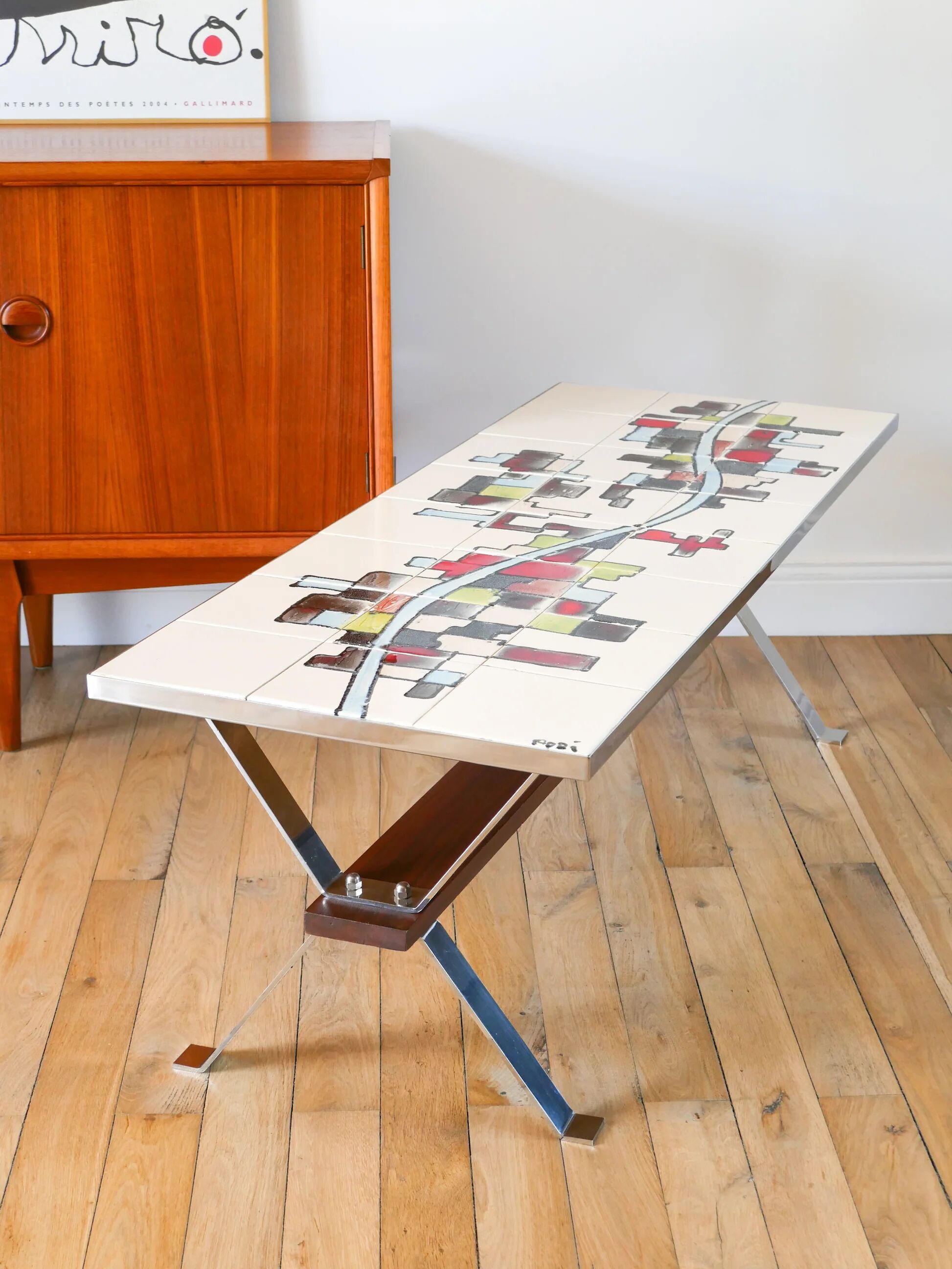 Ceramic coffee table, chrome and teak legs, Space Age, signed, 1970.