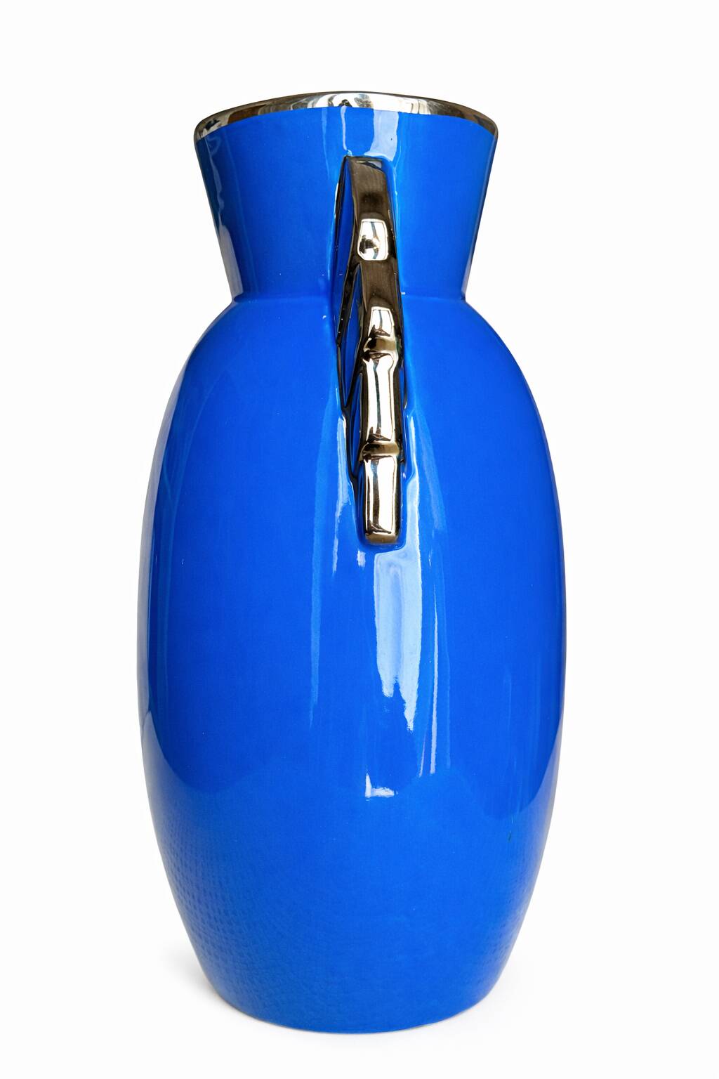 Belgian Art Deco blue vase with metallic lustre, stepped handles, 1930s
