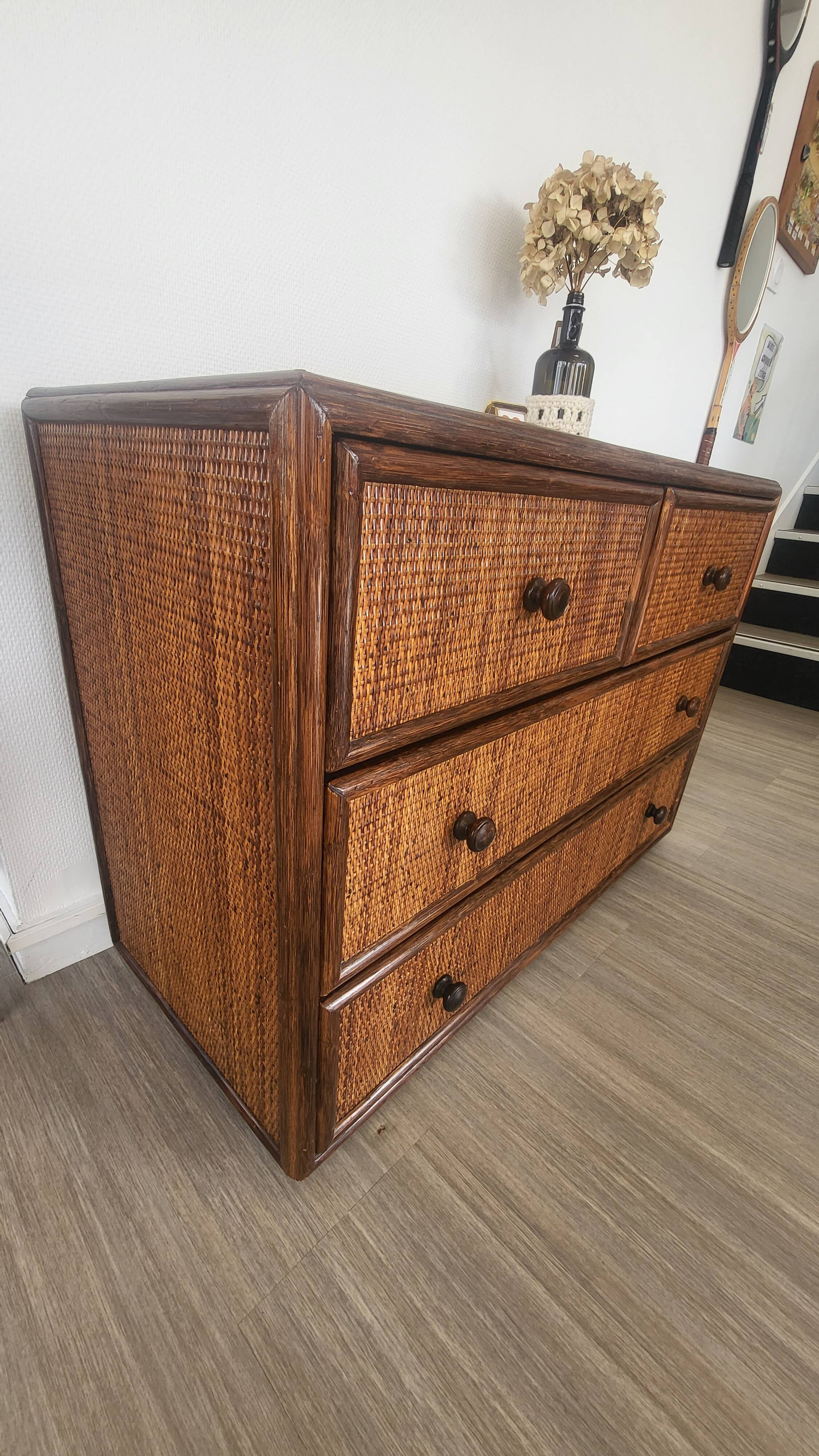 Rattan and solid wood chest of drawers