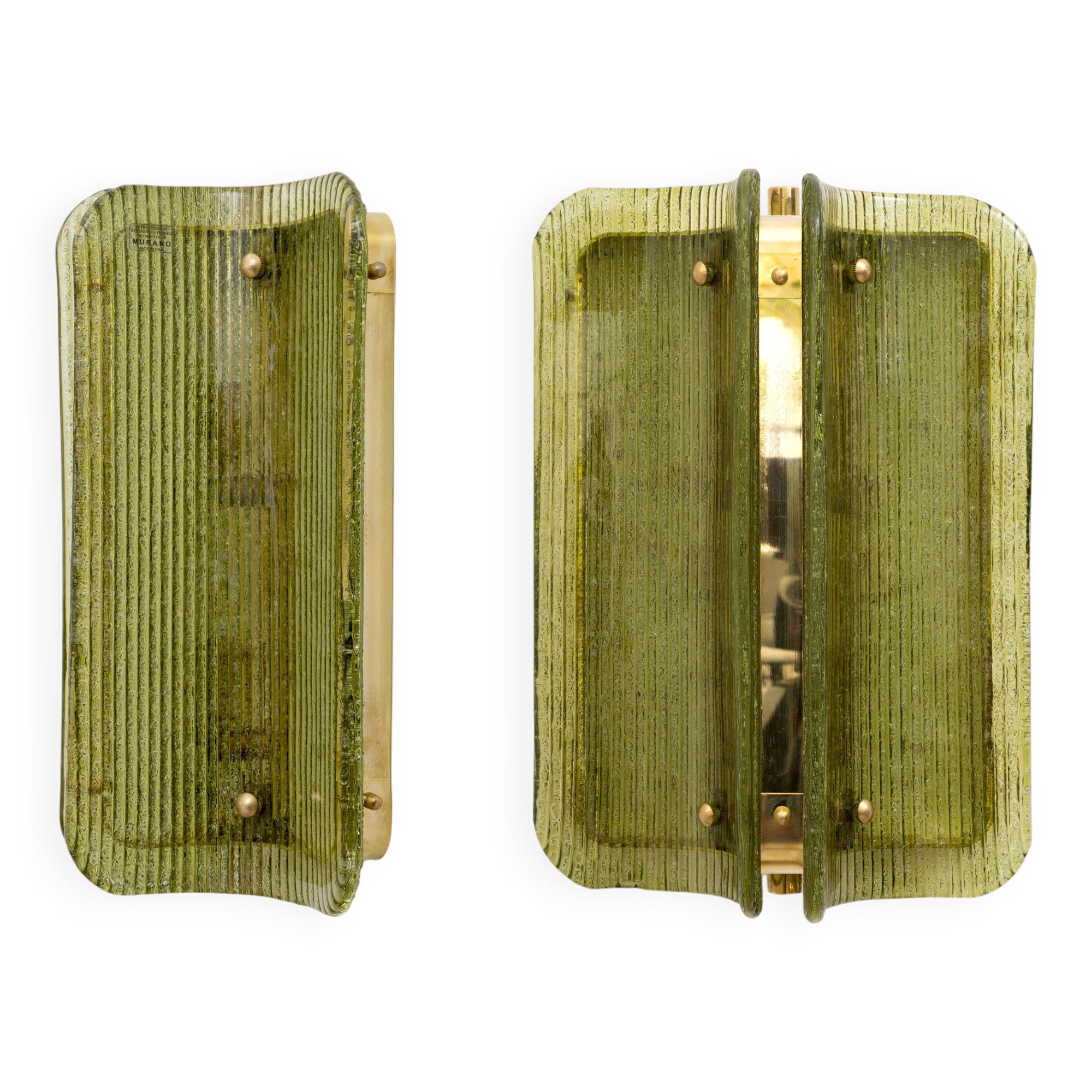 Pair of Curved, Ribbed Murano Glass and Brass Wall Sconces