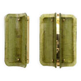Pair of Curved, Ribbed Murano Glass and Brass Wall Sconces
