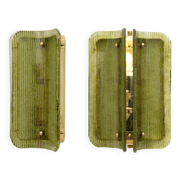 Pair of Curved, Ribbed Murano Glass and Brass Wall Sconces