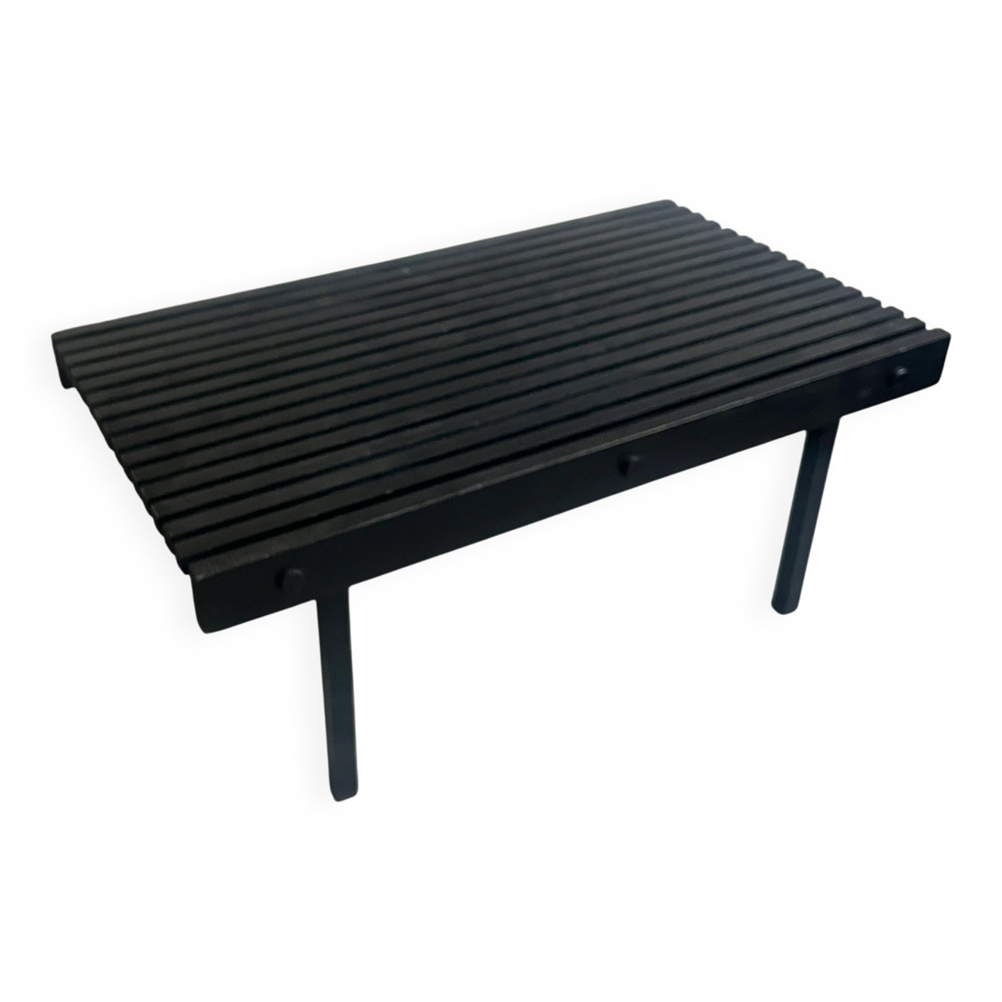 Black wooden slatted bench and coffee table — minimalist mid-century inspired, solid wood
