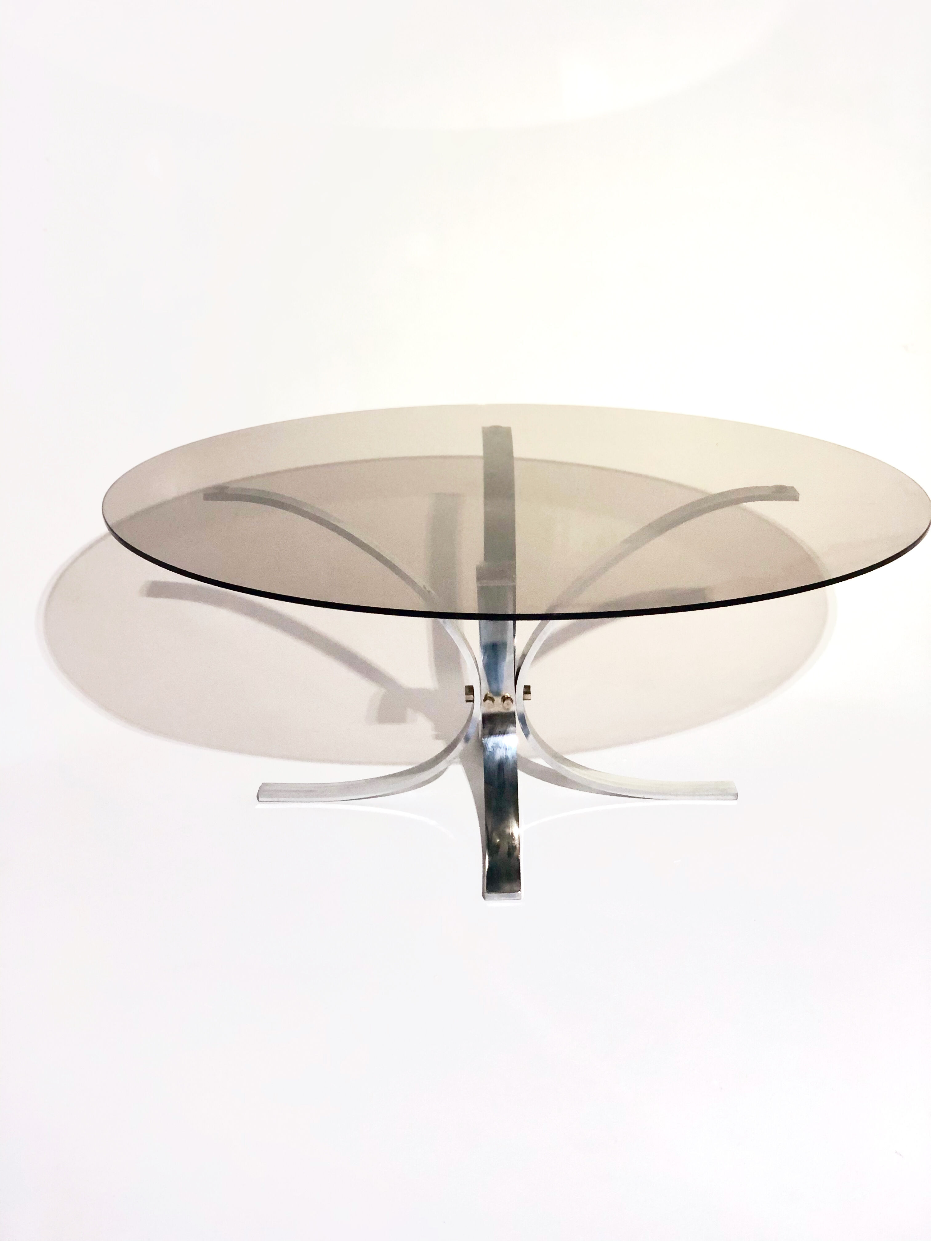 Vintage coffee table, aluminum center stand and circular glass top