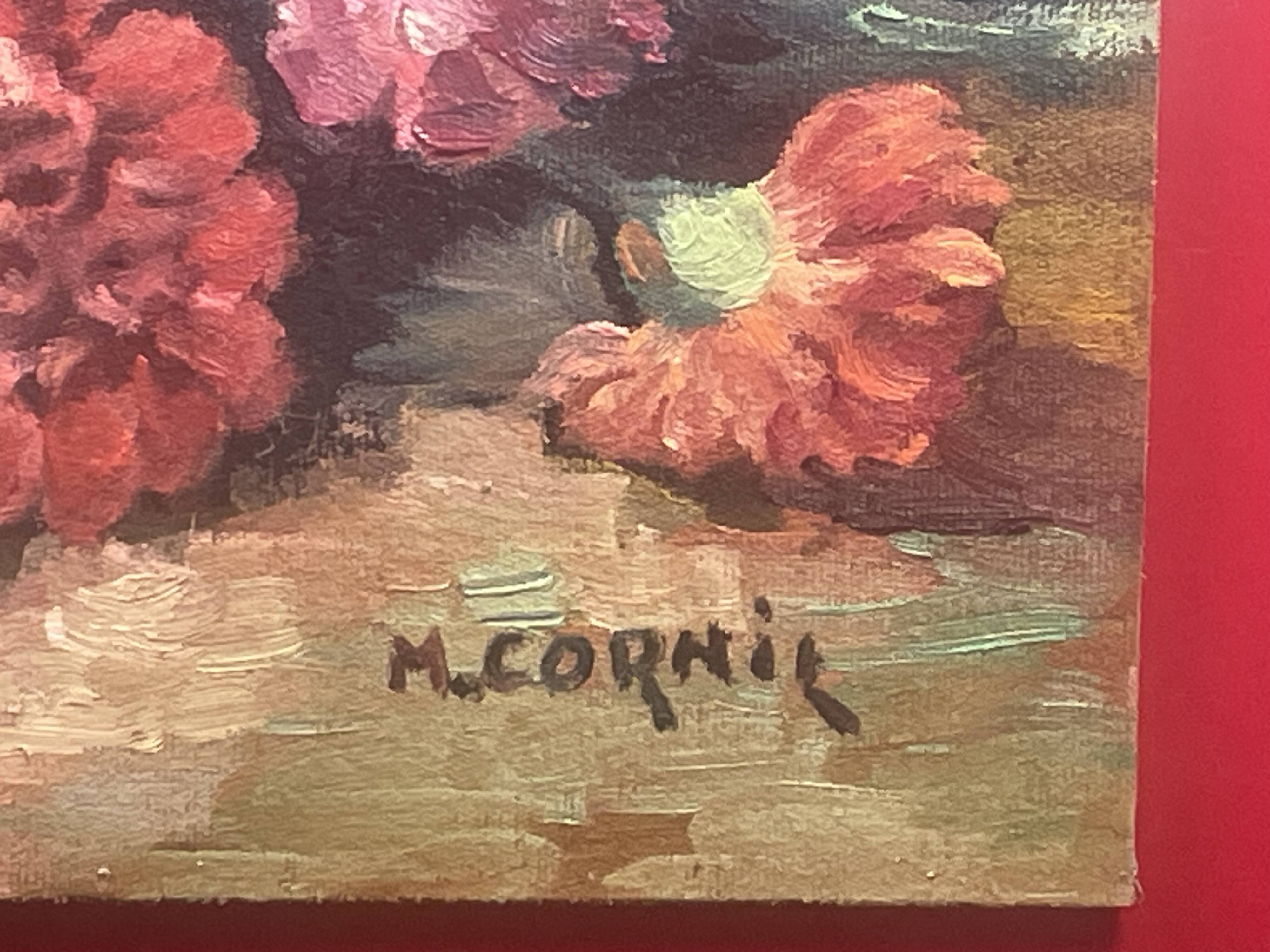 Bouquet of flowers on table oil on isorel panel signed M. Cornil