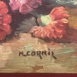 Bouquet fleurs sur table huile sur panneau isorel signe M. Cornil