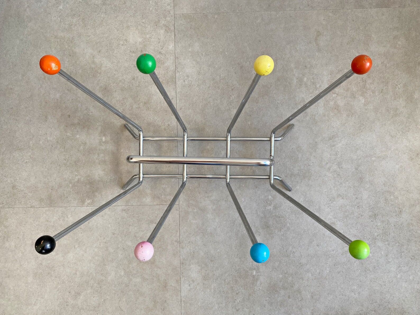 Colourful vintage chrome wire metal magazine rack, Mid Century atomic sputnik magazine stand