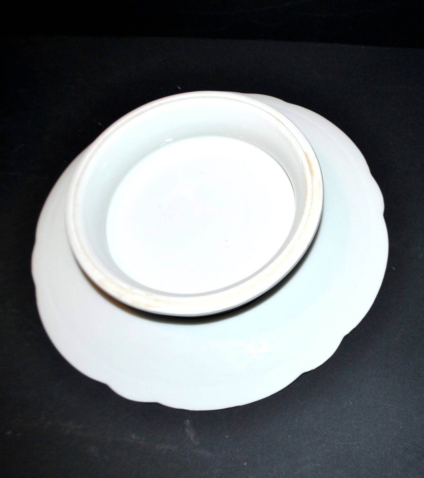 Paris porcelain set of 12 plates, dish and sauce boat, antique tableware with monogram BA.