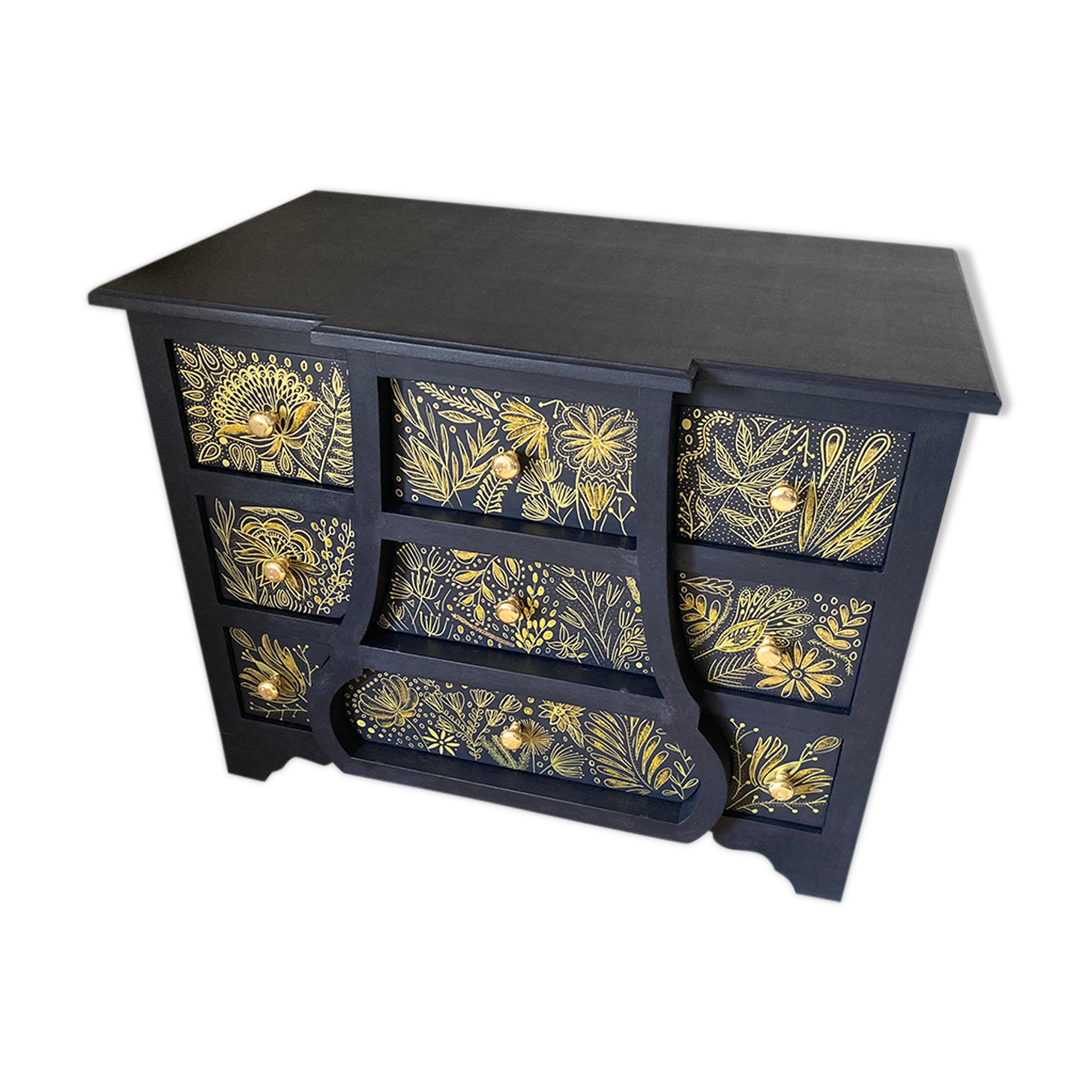 Atypical blue chest of drawers, hand-painted golden patterns
