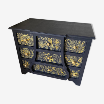 Atypical blue chest of drawers, hand-painted golden patterns