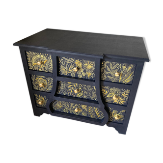 Atypical blue chest of drawers, hand-painted golden patterns