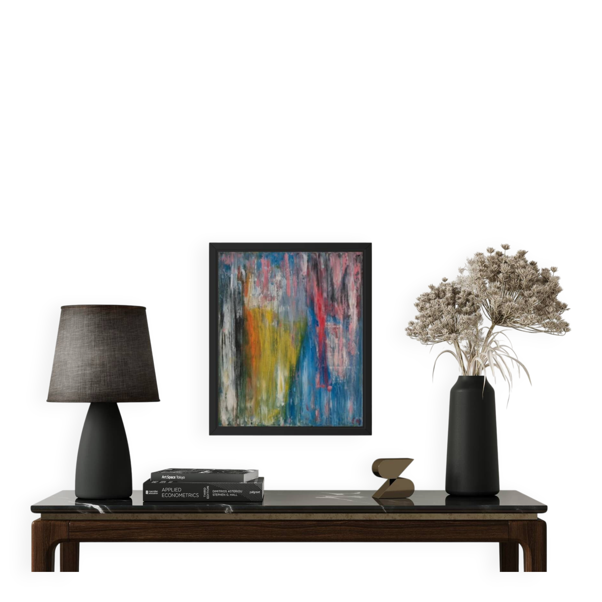 Multicoloured abstract table blue yellow pink 46x38 cm painting signed