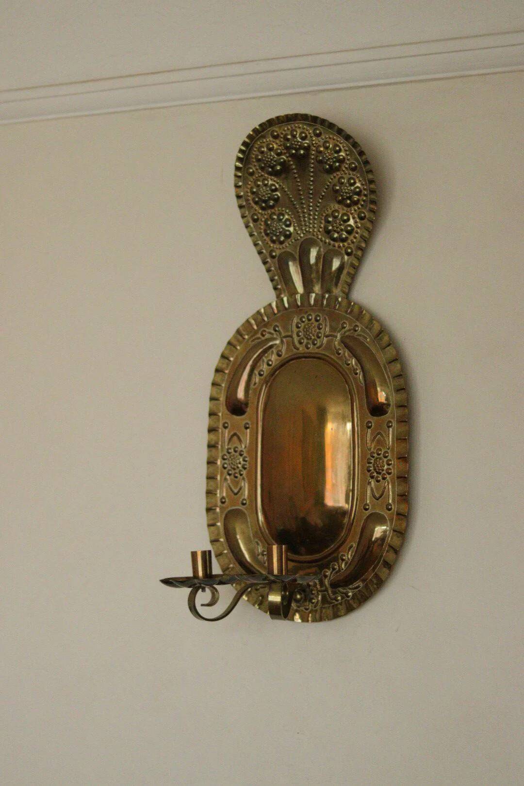 X-large mid-century Swedish brass Baroque sconce with double arm design