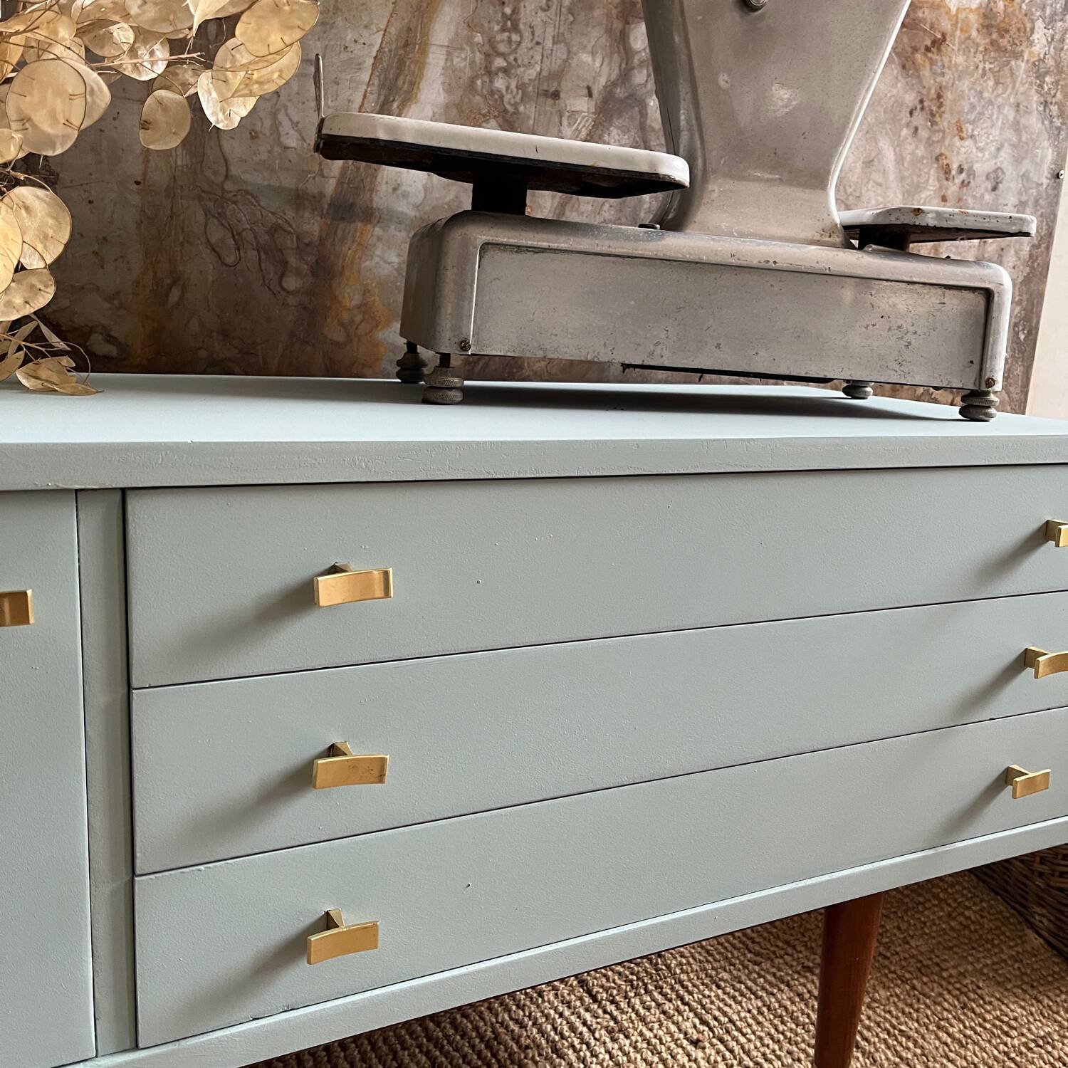 Seventies freshwater blue and brass sideboard