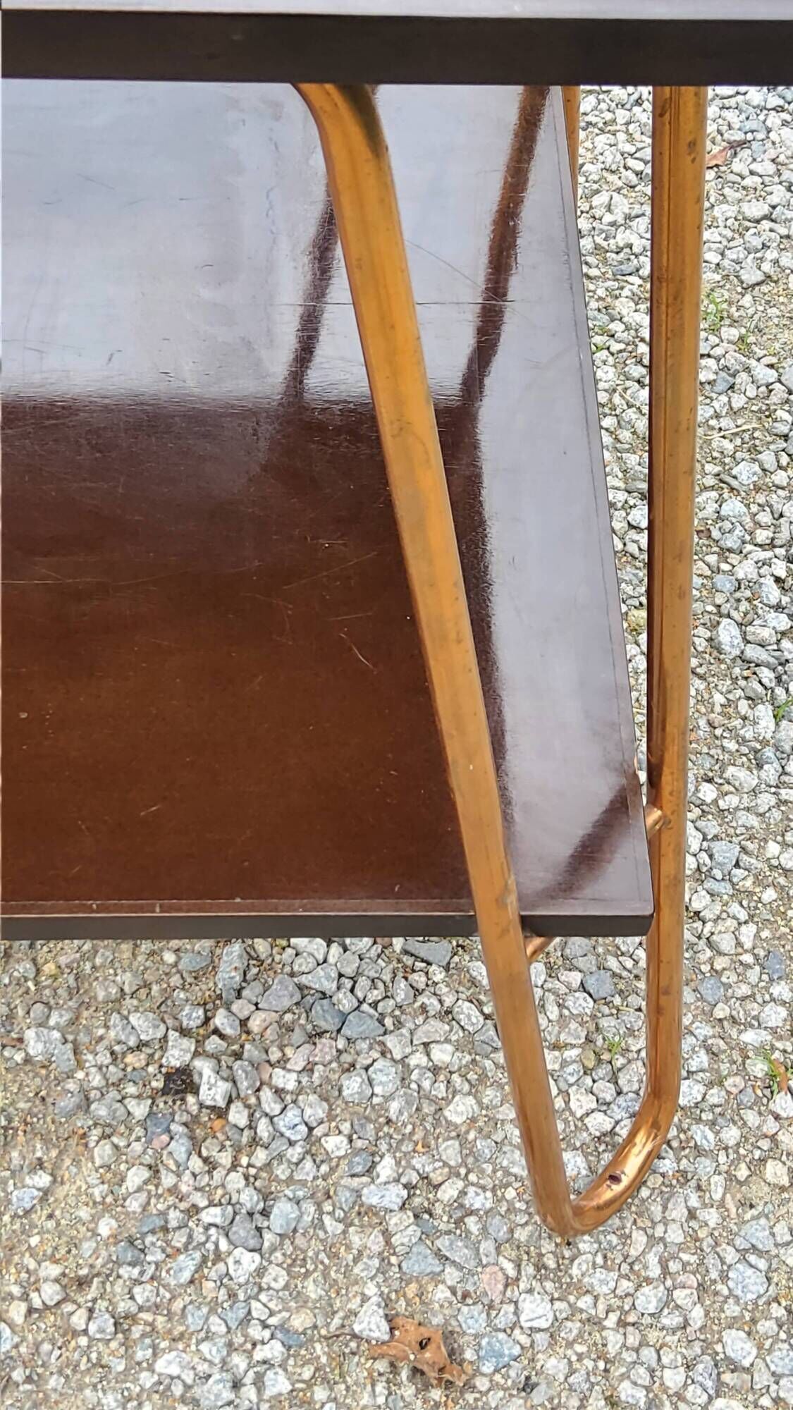 Vintage double wooden side table with copper base from the 50s