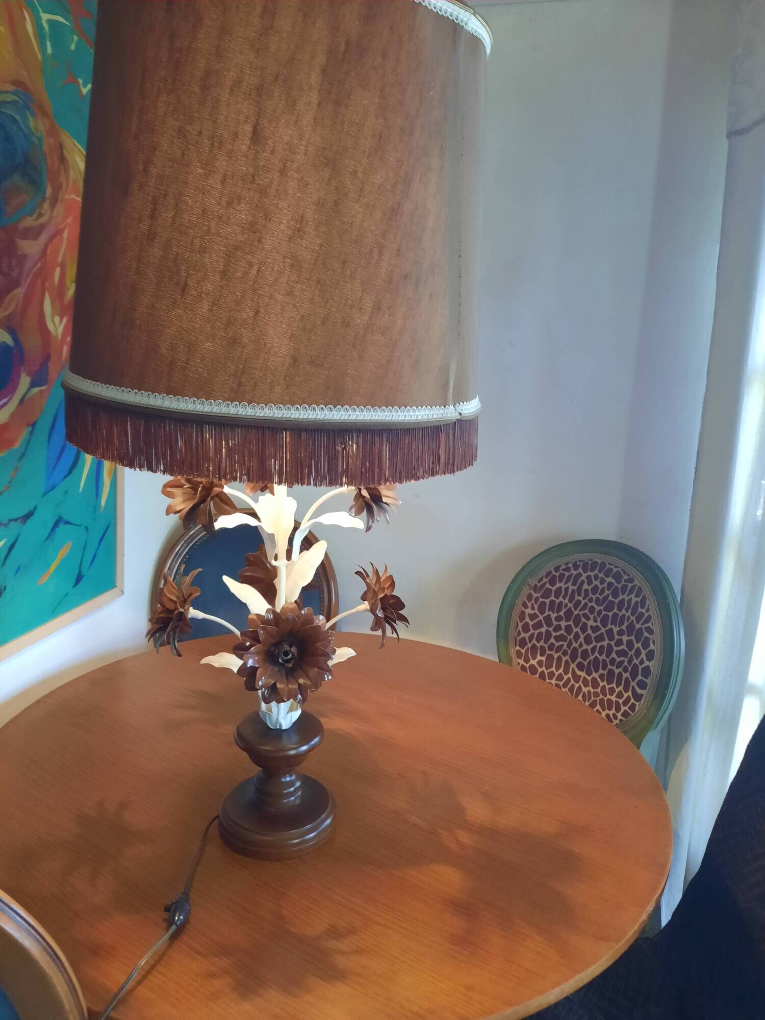Large lamp from the 70s-80s with a silk shade.