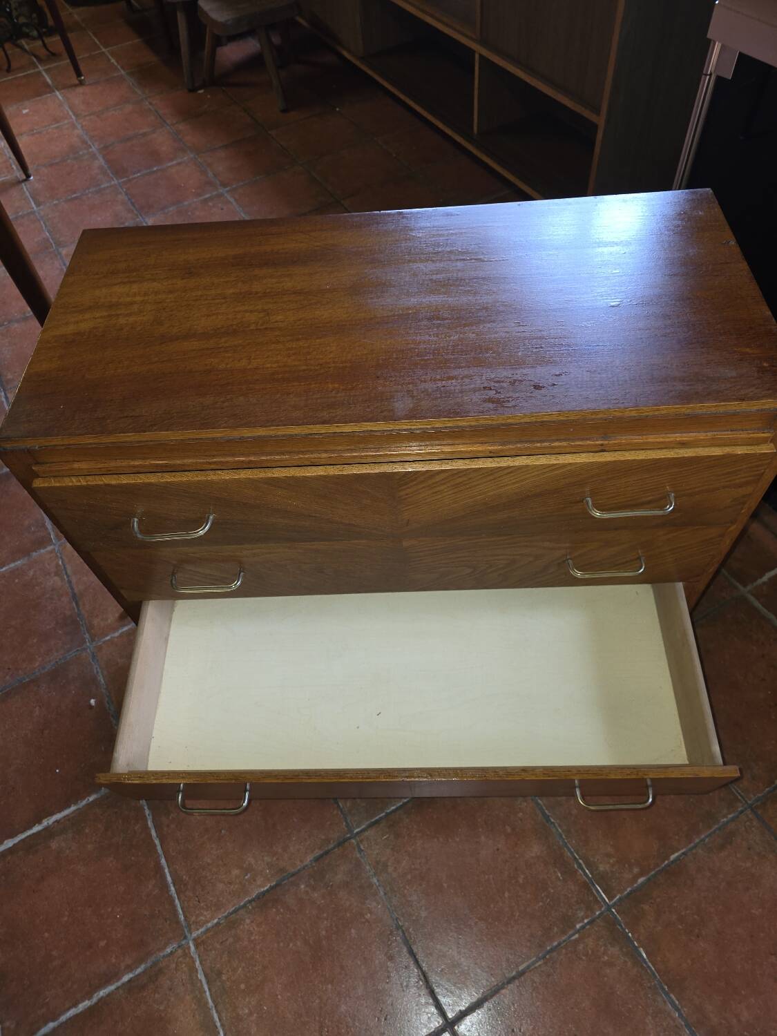 Vintage oak chest of drawers with herringbone patterns from the 1960s.