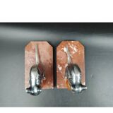 Antique Art Deco bookends in silver-plated metal, bakelite, and marble, signed H. M.