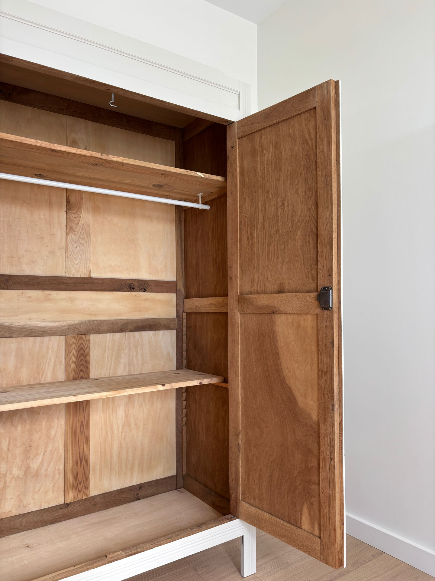 Parisian wardrobe with shelves, renovated oak wood.