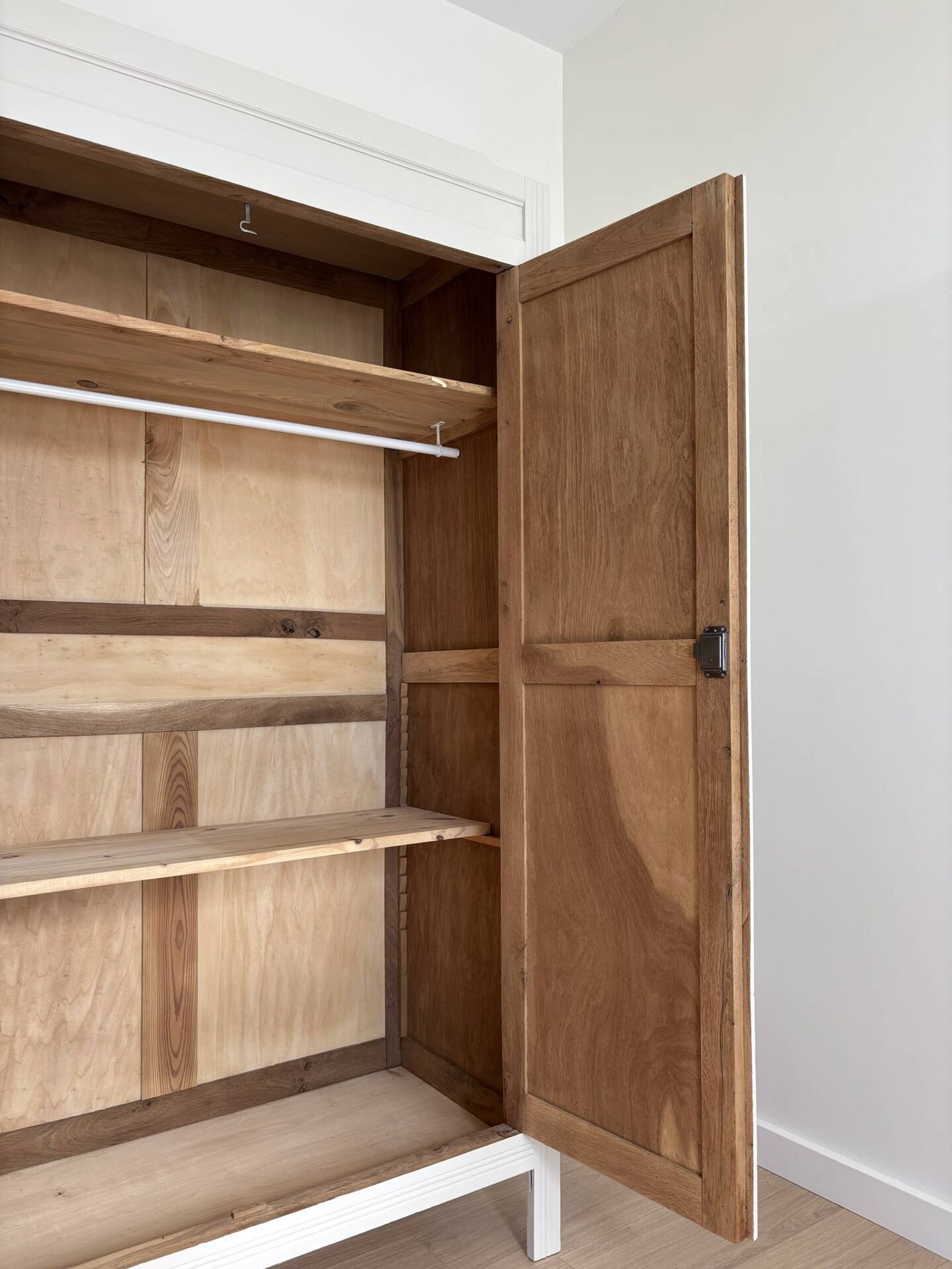 Parisian wardrobe with shelves, renovated oak wood.