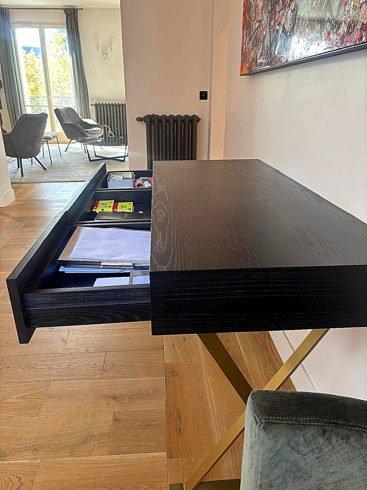 Console desk NV Gallery black wood and brass, 3 drawers.