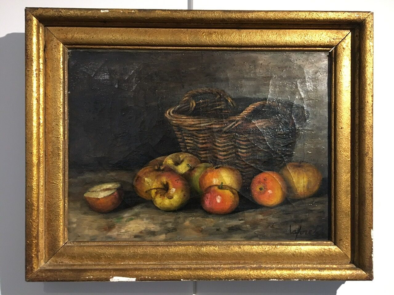 Table still life with apples and basket, signed at the beginning of the 20th century