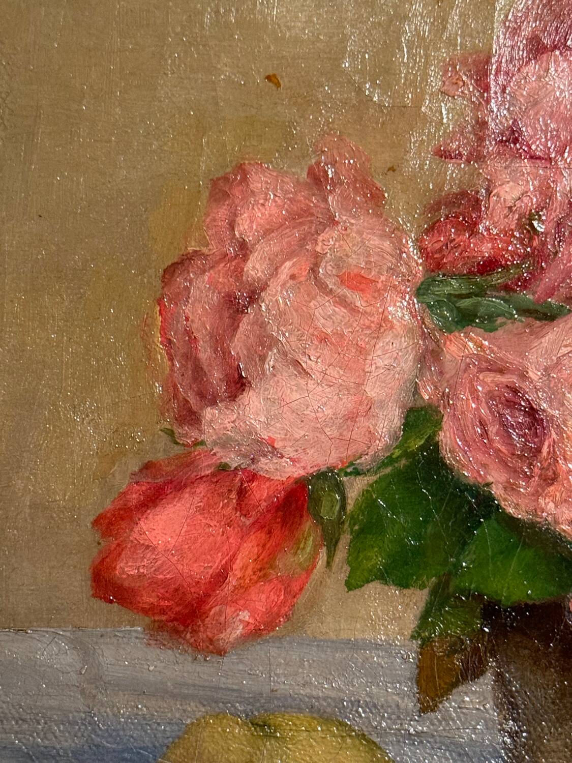 Old painting, Still life or roses and fruits, early 20th century