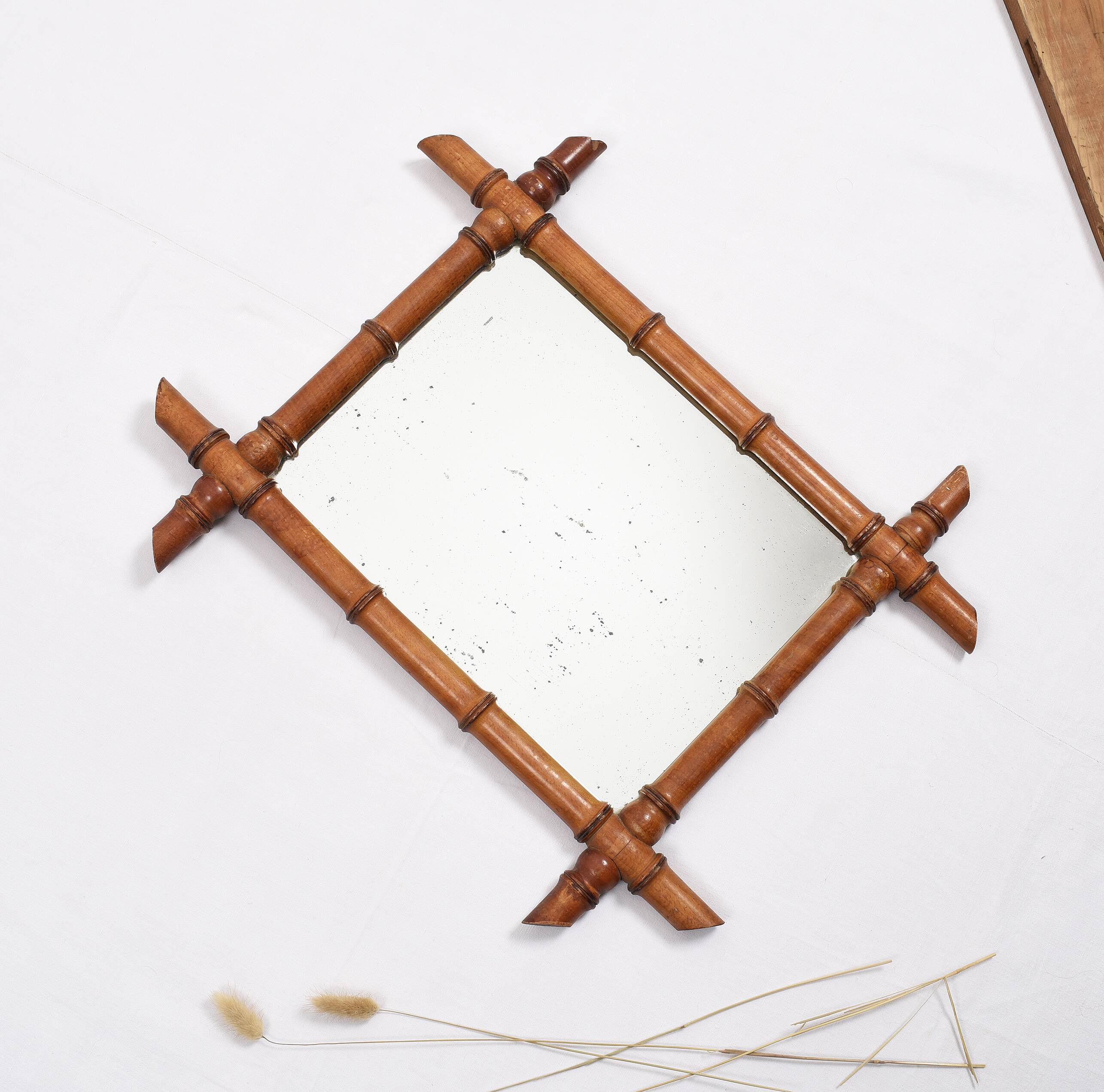 Old turned wooden mirror, bamboo imitation
