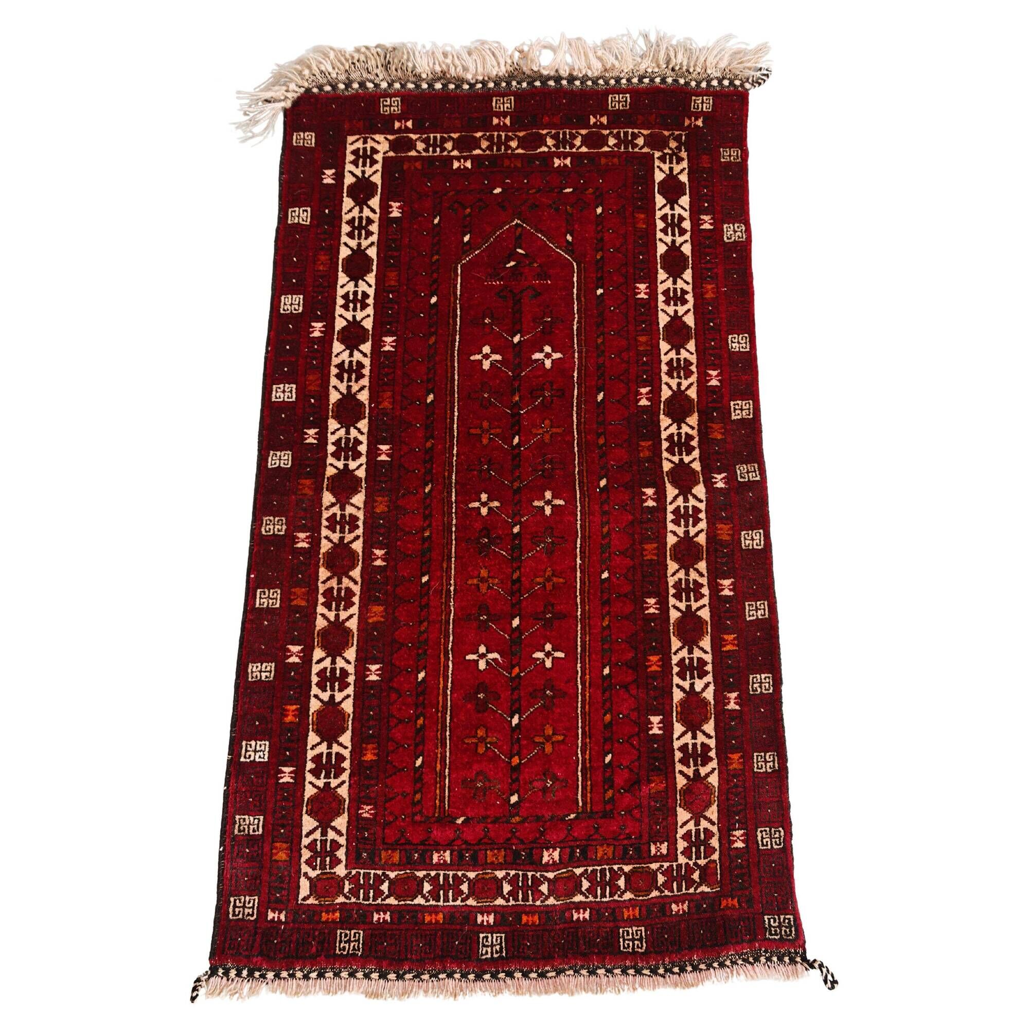 Vintage Afghan tribal prayer rug, hand-knotted from the 1950s.