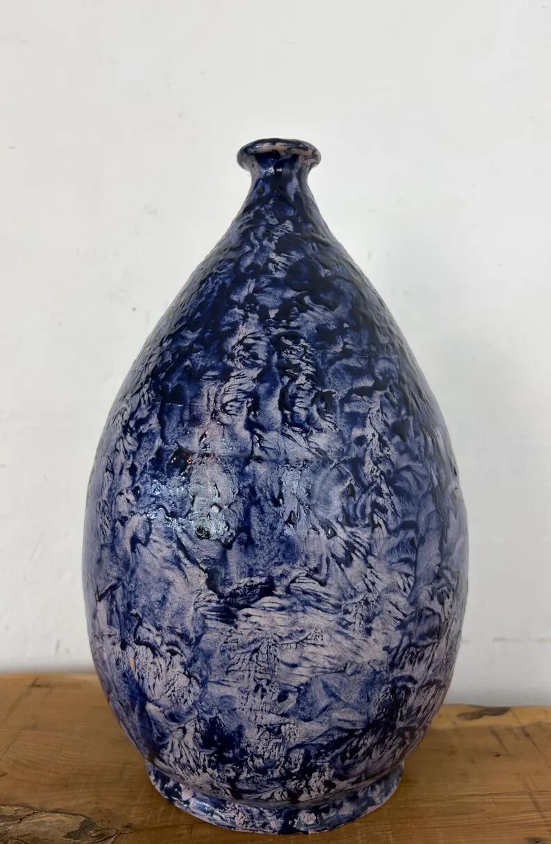 Vintage Mid-Century Studio Art Pottery Cobalt Blue Textured Glaze Teardrop Vase